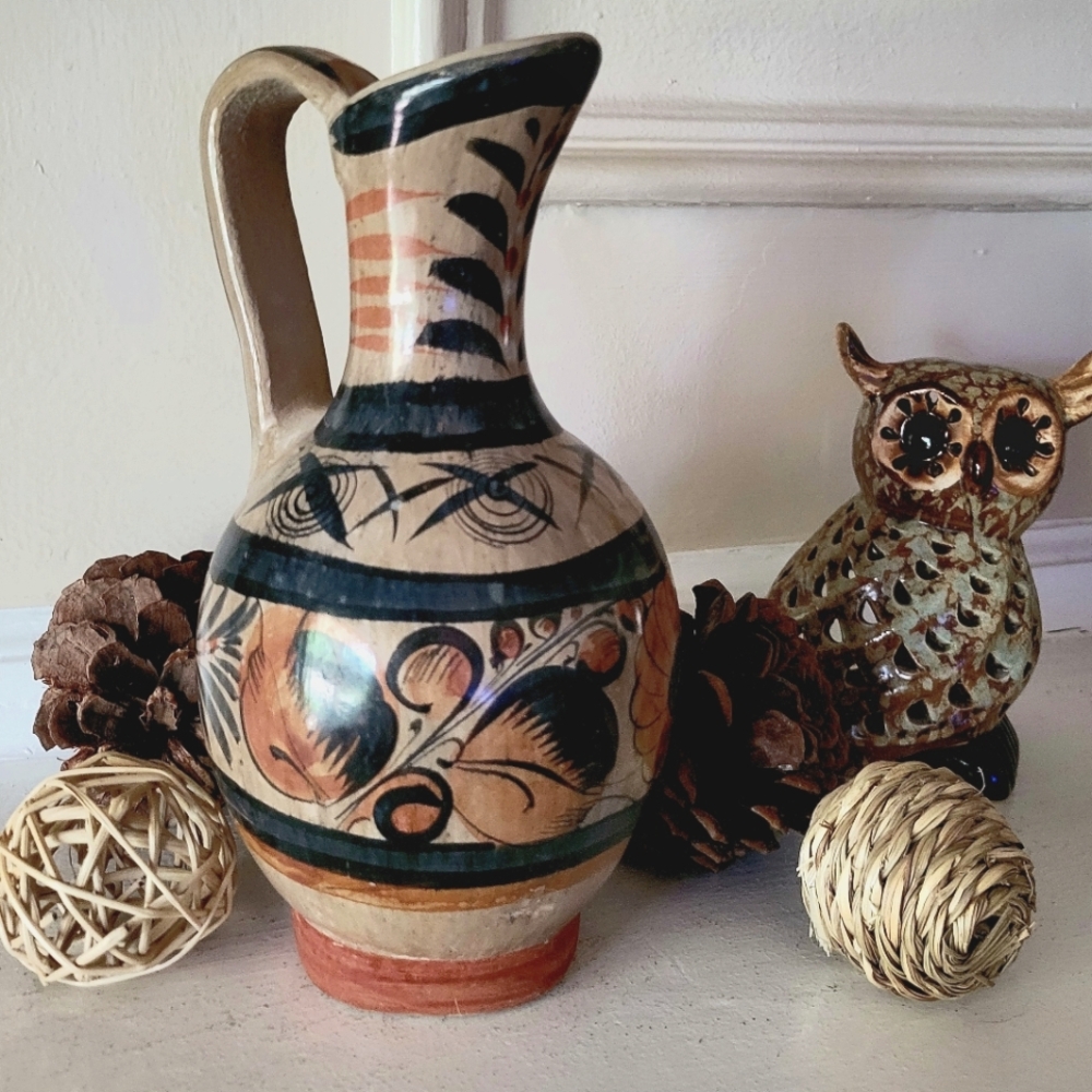 Vintage Tonala Mexican Folk Art Pottery Handpainted Water Pitcher Jug